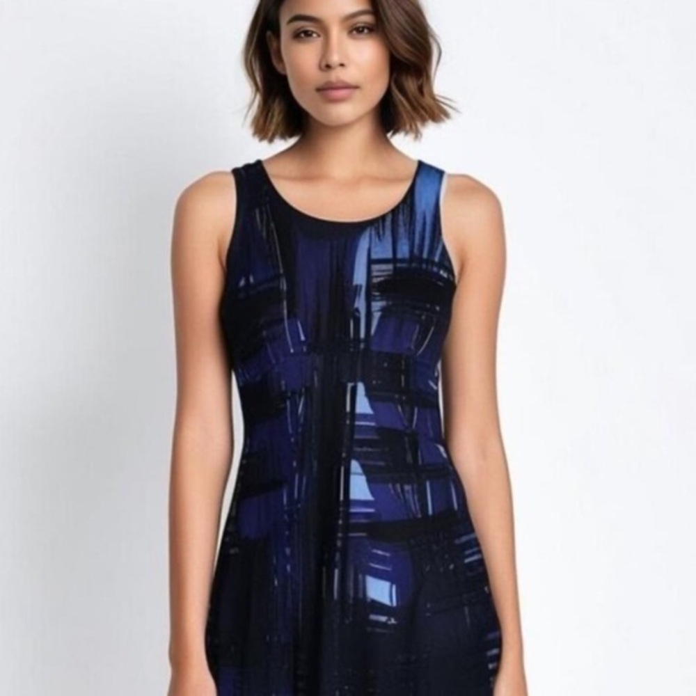 🛼🐠Banana Republic Linen Brushstroke Dress Blue Black